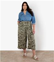 Women's Plus Size Olive Green Batik Leaf Print Culotte Trousers Curves Apricot New Look