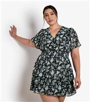 Women's Plus Size Rose Print Layered Skirt Mini Dress Curves Apricot New Look
