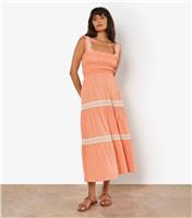 Women's Coral Smocked Crochet Lace Trim Midi Dress Apricot New Look