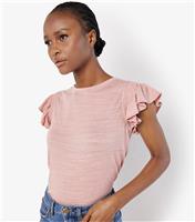 Women's Pink Ruffle Sleeve Slub Textured T-Shirt Apricot New Look