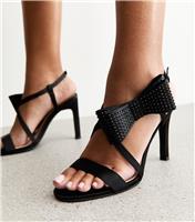 Women's Black Embellished Bow Heeled Sandals Vegan New Look