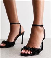 Women's Black Satin Beaded Strap Stiletto Sandals Vegan New Look