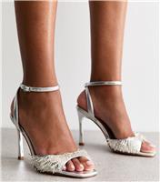 Women's Silver Faux Leather Beaded Strap Stiletto Sandals New Look