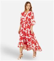 Women's Red Floral Print Wrap Style Midi Dress Yumi New Look