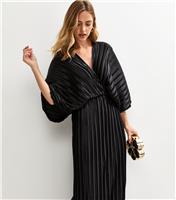 Women's Black Satin Plisse Batwing Sleeve Midi Dress New Look