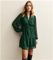 Women's Dark Green Dobby Frill Mini Dress New Look