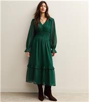 Women's Dark Green Dobby Ruched Waist Midi Dress New Look