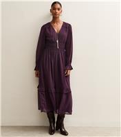 Women's Dark Burgundy Dobby Ruched Waist Midi Dress New Look