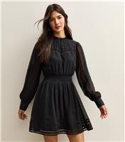 Women's Black Dobby Long Sleeve Mini Dress New Look