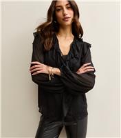 Women's Tall Black Metallic Spot Frill Sheer Blouse New Look