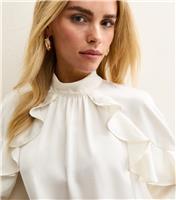 Women's Petite Off White Satin Frilled Blouse New Look