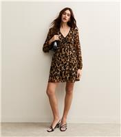 Women's Brown Leopard Print Chiffon Long Sleeve Mini Dress New Look