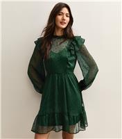 Women's Dark Green Dobby Ruffe Long Sleeve Mini Dress New Look