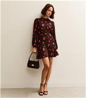 Women's Brown Floral Long Sleeve Mini Dress New Look