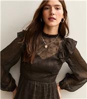 Women's Brown Flocked Polka Dot Ruffled Mini Dress New Look