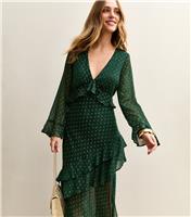 Women's Dark Green Foil Spot Ruffle Trim Midi Dress New Look