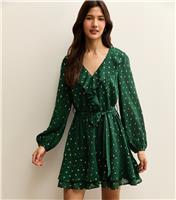Women's Dark Green Spot Chiffon Ruffle Mini Dress New Look