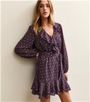 Women's Dark Purple Spot Chiffon Ruffle Mini Dress New Look