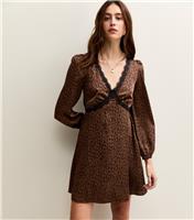 Women's Brown Satin Animal Print Lace Trim Mini Dress New Look