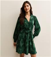 Women's Dark Green Floral Jacquard Belted Mini Dress New Look