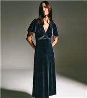 Women's Dark Blue Lace Trim Velvet Midi Dress New Look