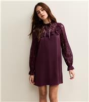 Women's Dark Purple Lace Sleeve Smock Mini Dress New Look