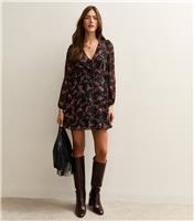 Women's Black Floral Chiffon Long Sleeve Mini Dress New Look