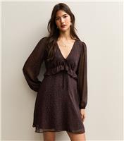 Women's Burgundy Animal Print Chiffon Long Sleeve Mini Dress New Look