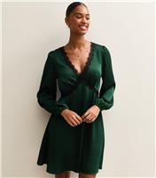 Women's Dark Green Textured Satin Lace Trim Mini Dress New Look