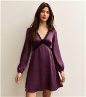 Women's Dark Purple Textured Satin Lace Trim Mini Dress New Look
