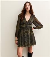Women's Green Tiger Print Chiffon Long Sleeve Mini Dress New Look