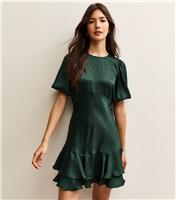 Women's Dark Green Jaquard Feather Pattern Mini Dress New Look