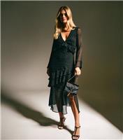 Women's Black Chiffon Metallic Pattern Ruffled Midi Dress New Look