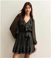 Women's Green Animal Pattern Chiffon Sparkle Mini Dress New Look