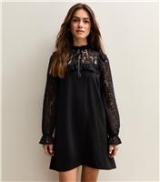 Women's Petite Black Lace Detail Smock 2 in 1 Mini Dress New Look