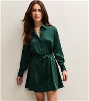 Women's Petite Dark Green Satin Belted Mini Shirt Dress New Look