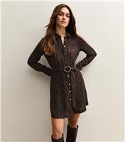 Women's Petite Brown Tiger Print Buckle Detail Mini Shirt Dress New Look