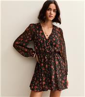 Women's Black Floral Wrap Front Mini Dress New Look