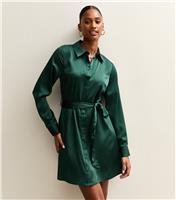 Women's Dark Green Satin Mini Shirt Dress New Look