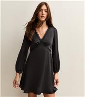 Women's Black Satin Lace Trim Mini Dress New Look