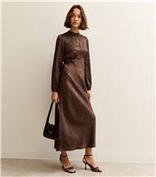 Women's Brown Satin Jacquard Keyhole Neck Midi Dress New Look