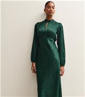 Women's Dark Green Satin Jacquard Keyhole Neck Midi Dress New Look
