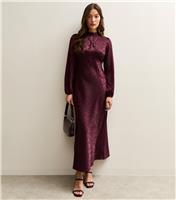 Women's Dark Burgundy Satin Jacquard Long Sleeve Midi Dress New Look