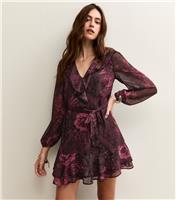 Women's Dark Red Rose Print Shimmery Stripe Chiffon Mini Dress New Look