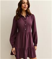 Women's Tall Dark Purple Tiered Long Sleeve Shirt Mini Dress New Look