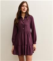 Women's Dark Burgundy Tiered Mini Shirt Dress New Look