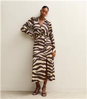 Women's Brown Zebra Print Satin Wrap Midi Dress New Look