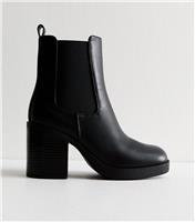 Women's Black Faux Leather Chunky Heel Chelsea Boots Vegan New Look