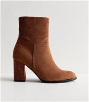 Women's Wide Fit Brown Faux Suede Block Heel Ankle Boots Vegan New Look