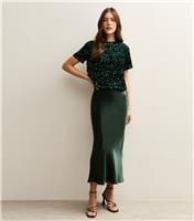 Women's Dark Green Satin Midi Skirt New Look
